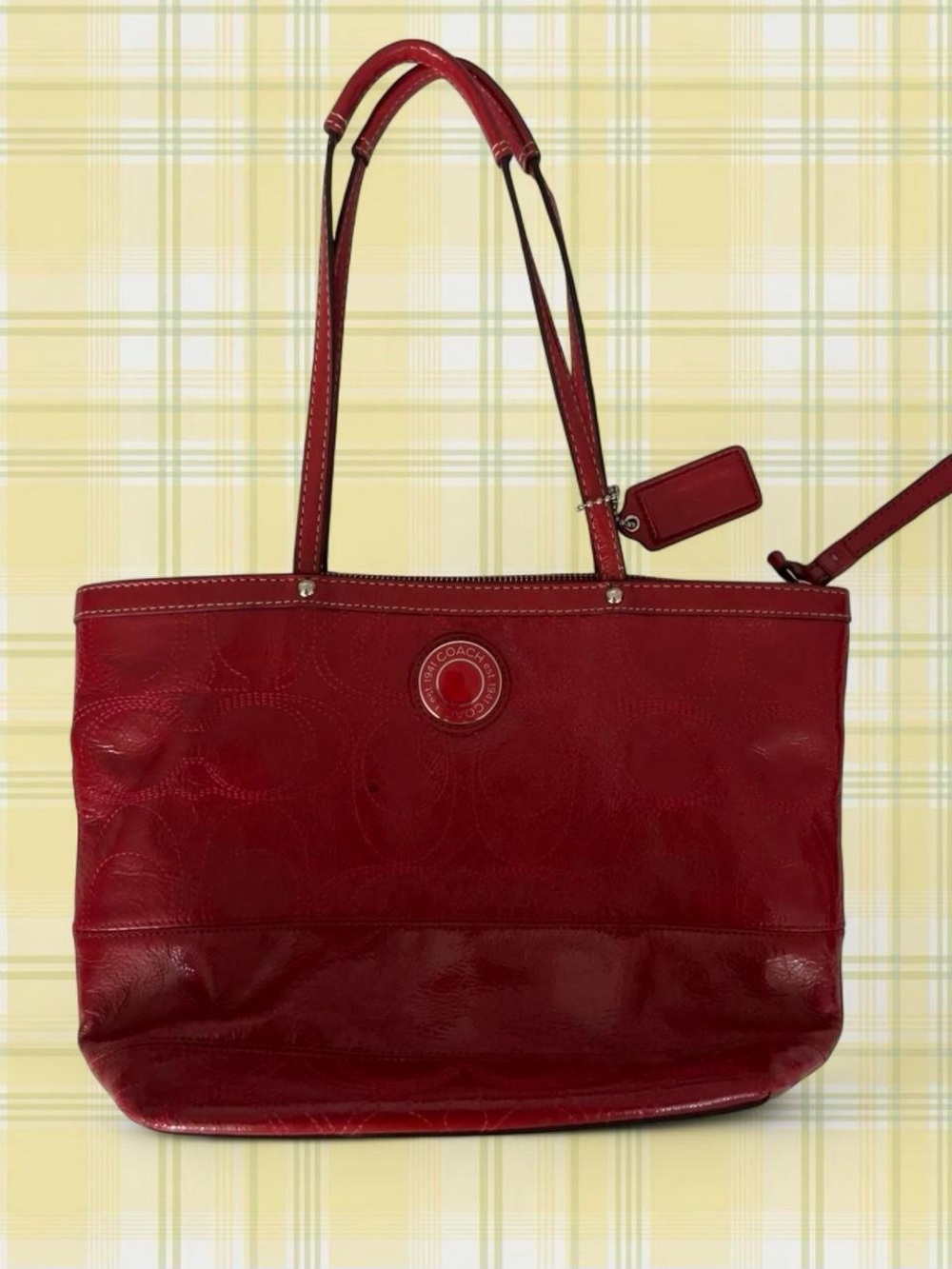 Coach Red Leather Tote with Signature Disc Logo